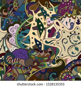 Tracery seamless pattern. Mehndi design. Ethnic colorful doodle texture. Curved doodling background. Vector