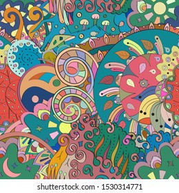 Tracery seamless pattern. Mehndi design. Ethnic colorful doodle texture. Curved doodling background. Vector