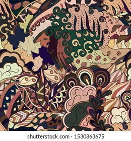 Tracery seamless pattern. Mehndi design. Ethnic colorful doodle texture. Curved doodling background. Vector
