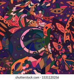 Tracery seamless pattern. Mehndi design. Ethnic colorful doodle texture. Curved doodling background. Vector