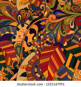 Tracery seamless pattern. Mehndi design. Ethnic colorful doodle texture. Curved doodling background. Vector