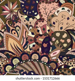 Tracery seamless pattern. Mehndi design. Ethnic colorful doodle texture. Curved doodling background. Vector