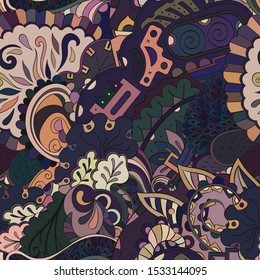 Tracery seamless pattern. Mehndi design. Ethnic colorful doodle texture. Curved doodling background. Vector
