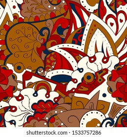 Tracery seamless pattern. Mehndi design. Ethnic colorful doodle texture. Curved doodling background. Vector