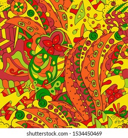 Tracery seamless pattern. Mehndi design. Ethnic colorful doodle texture. Curved doodling background. Vector