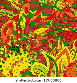 Tracery seamless pattern. Mehndi design. Ethnic colorful doodle texture. Curved doodling background. Vector