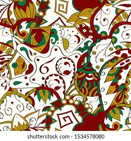 Tracery seamless pattern. Mehndi design. Ethnic colorful doodle texture. Curved doodling background. Vector