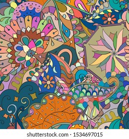 Tracery seamless pattern. Mehndi design. Ethnic colorful doodle texture. Curved doodling background. Vector