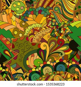 Tracery seamless pattern. Mehndi design. Ethnic colorful doodle texture. Curved doodling background. Vector