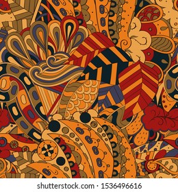 Tracery seamless pattern. Mehndi design. Ethnic colorful doodle texture. Curved doodling background. Vector