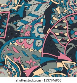 Tracery seamless pattern. Mehndi design. Ethnic colorful doodle texture. Curved doodling background. Vector