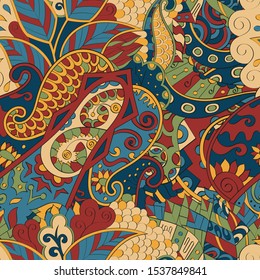 Tracery seamless pattern. Mehndi design. Ethnic colorful doodle texture. Curved doodling background. Vector