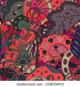 Tracery seamless pattern. Mehndi design. Ethnic colorful doodle texture. Curved doodling background. Vector