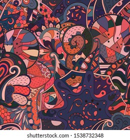 Tracery seamless pattern. Mehndi design. Ethnic colorful doodle texture. Curved doodling background. Vector