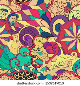Tracery seamless pattern. Mehndi design. Ethnic colorful doodle texture. Curved doodling background. Vector