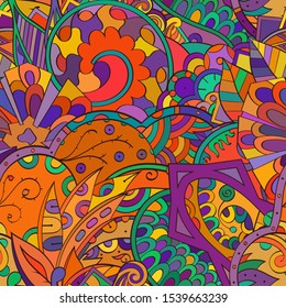 Tracery seamless pattern. Mehndi design. Ethnic colorful doodle texture. Curved doodling background. Vector