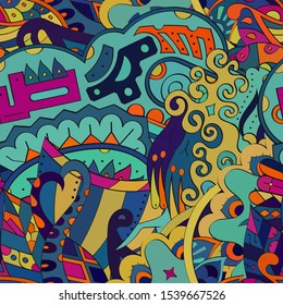 Tracery seamless pattern. Mehndi design. Ethnic colorful doodle texture. Curved doodling background. Vector