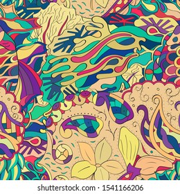 Tracery seamless pattern. Mehndi design. Ethnic colorful doodle texture. Curved doodling background. Vector