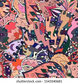 Tracery seamless pattern. Mehndi design. Ethnic colorful doodle texture. Curved doodling background. Vector