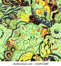 Tracery seamless pattern. Mehndi design. Ethnic colorful doodle texture. Curved doodling background. Vector