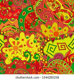 Tracery seamless pattern. Mehndi design. Ethnic colorful doodle texture. Curved doodling background. Vector