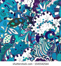 Tracery seamless pattern. Mehndi design. Ethnic colorful doodle texture. Curved doodling background. Vector