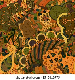 Tracery seamless pattern. Mehndi design. Ethnic colorful doodle texture. Curved doodling background. Vector
