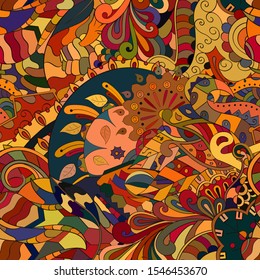 Tracery seamless pattern. Mehndi design. Ethnic colorful doodle texture. Curved doodling background. Vector