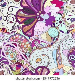Tracery seamless pattern. Mehndi design. Ethnic colorful doodle texture. Curved doodling background. Vector
