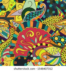 Tracery seamless pattern. Mehndi design. Ethnic colorful doodle texture. Curved doodling background. Vector
