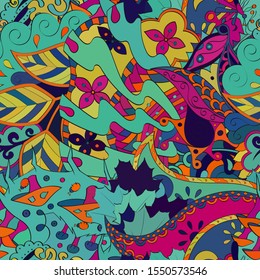 Tracery seamless pattern. Mehndi design. Ethnic colorful doodle texture. Curved doodling background. Vector
