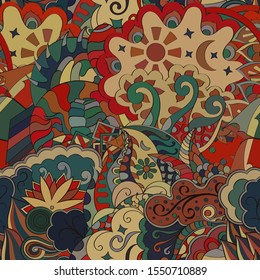 Tracery seamless pattern. Mehndi design. Ethnic colorful doodle texture. Curved doodling background. Vector