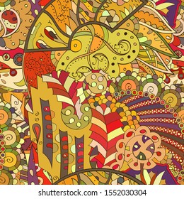 Tracery seamless pattern. Mehndi design. Ethnic colorful doodle texture. Curved doodling background. Vector