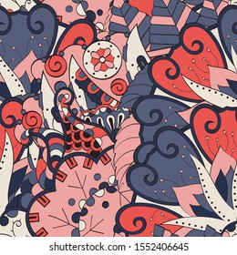 Tracery seamless pattern. Mehndi design. Ethnic colorful doodle texture. Curved doodling background. Vector