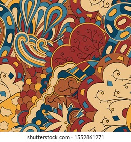 Tracery seamless pattern. Mehndi design. Ethnic colorful doodle texture. Curved doodling background. Vector