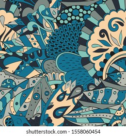 Tracery seamless pattern. Mehndi design. Ethnic colorful doodle texture. Curved doodling background. Vector