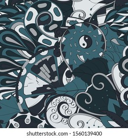 Tracery seamless pattern. Mehndi design. Ethnic colorful doodle texture. Curved doodling background. Vector