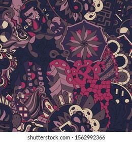 Tracery seamless pattern. Mehndi design. Ethnic colorful doodle texture. Curved doodling background. Vector