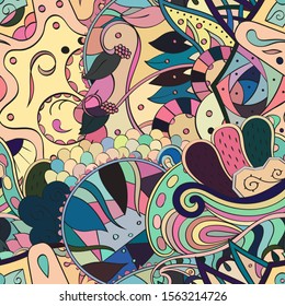 Tracery seamless pattern. Mehndi design. Ethnic colorful doodle texture. Curved doodling background. Vector