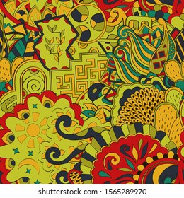 Tracery seamless pattern. Mehndi design. Ethnic colorful doodle texture. Curved doodling background. Vector