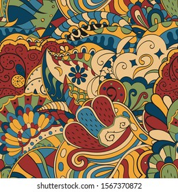 Tracery seamless pattern. Mehndi design. Ethnic colorful doodle texture. Curved doodling background. Vector