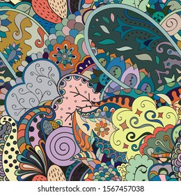 Tracery seamless pattern. Mehndi design. Ethnic colorful doodle texture. Curved doodling background. Vector