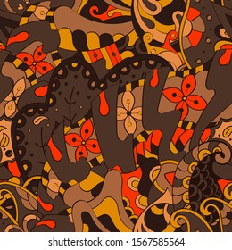 Tracery seamless pattern. Mehndi design. Ethnic colorful doodle texture. Curved doodling background. Vector