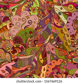 Tracery seamless pattern. Mehndi design. Ethnic colorful doodle texture. Curved doodling background. Vector