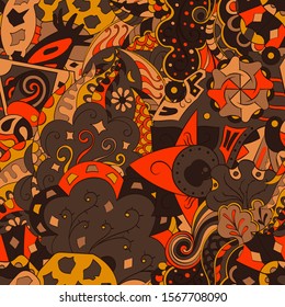 Tracery seamless pattern. Mehndi design. Ethnic colorful doodle texture. Curved doodling background. Vector