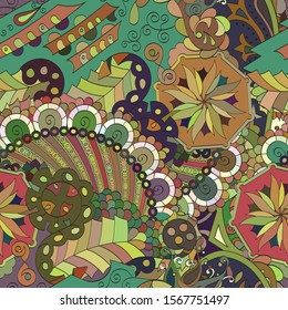 Tracery seamless pattern. Mehndi design. Ethnic colorful doodle texture. Curved doodling background. Vector