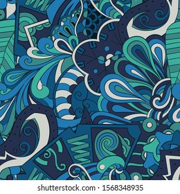 Tracery seamless pattern. Mehndi design. Ethnic colorful doodle texture. Curved doodling background. Vector
