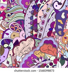 Tracery seamless pattern. Mehndi design. Ethnic colorful doodle texture. Curved doodling background. Vector