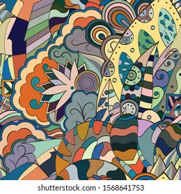 Tracery seamless pattern. Mehndi design. Ethnic colorful doodle texture. Curved doodling background. Vector