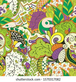 Tracery seamless pattern. Mehndi design. Ethnic colorful doodle texture. Curved doodling background. Vector